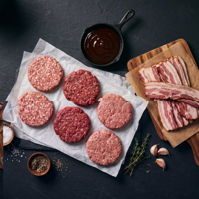 My Butcher Box — Box Burger Mix Premium — steak haché Wagyu, Angus, Salers Angus, veau, sauce cowboy, bacon — boucherie en ligne France