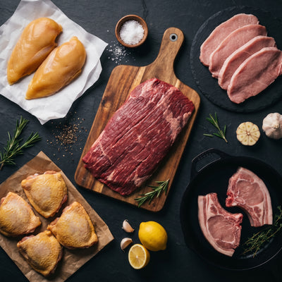 My Butcher Box — Box Rapide — bavette, filets et hauts de cuisse poulet jaune, escalopes et côtes de veau — boucherie en ligne France